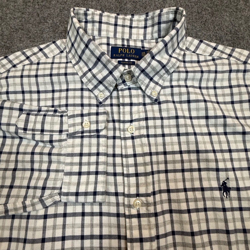 Polo Ralph Lauren Mens XXL Classic Fit Plaid Button Down Shirt Navy Grey White